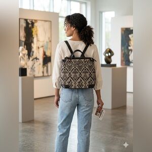 Cloe Women's Tribal Jacquard Backpack Convertible Satchel Black White Purse